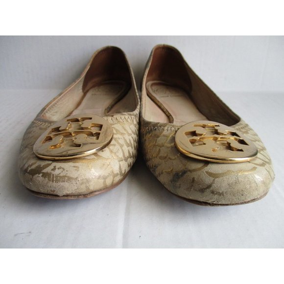 Tory Burch Gold Metallic Flats Reptile Print Logo Medallion - Picture 4 of 7
